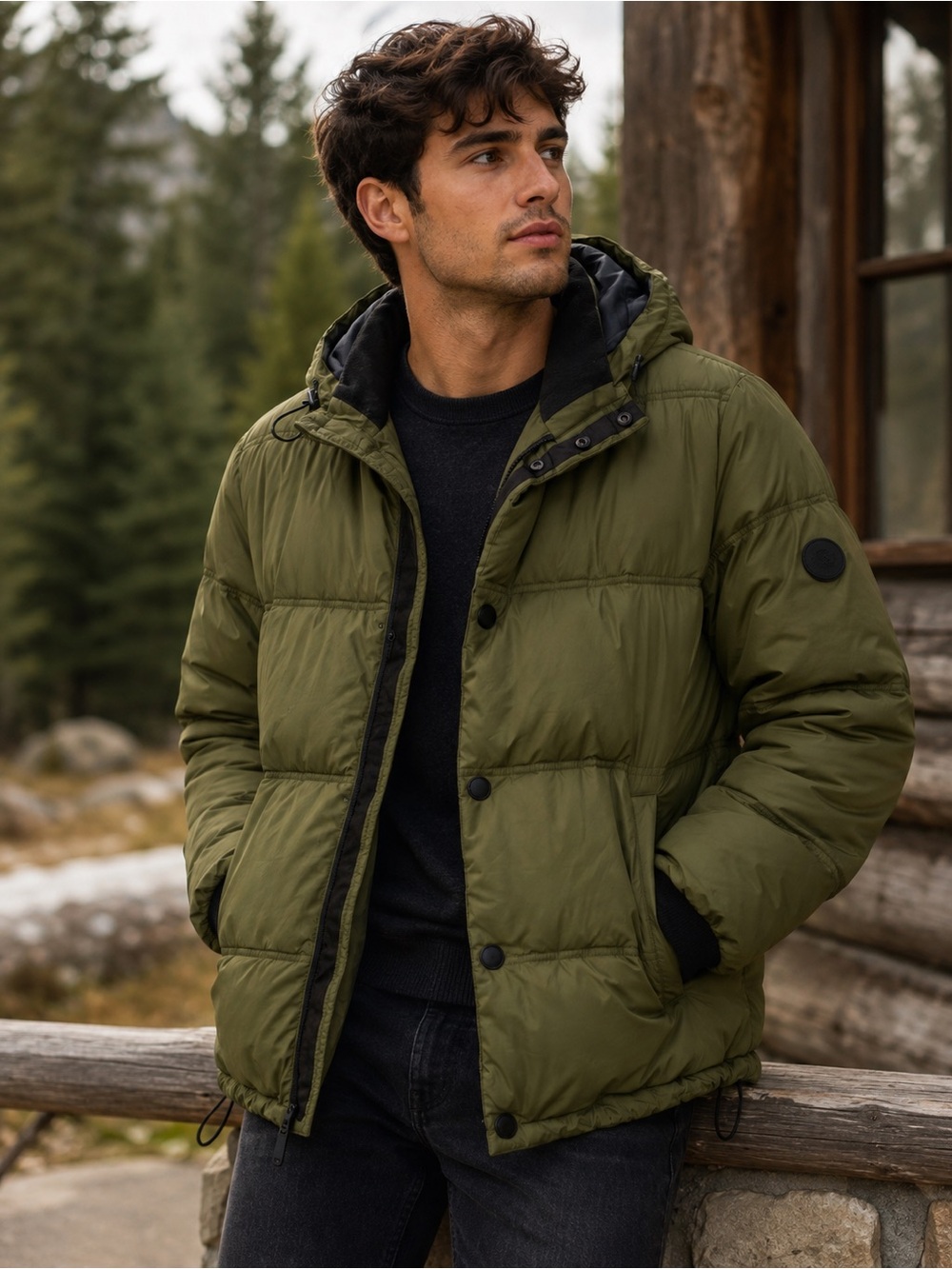 Lucky Brand Olive Green Puffer Jacket Men’s Hooded Quilted Winter Coat Size L
